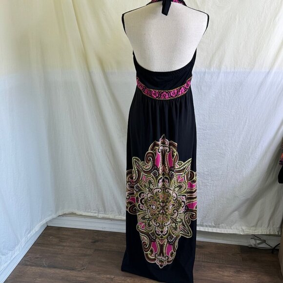 Ronni Nicole Oh So Slim Printed Black Halter Maxi Dress Size 10  * - Picture 4 of 8